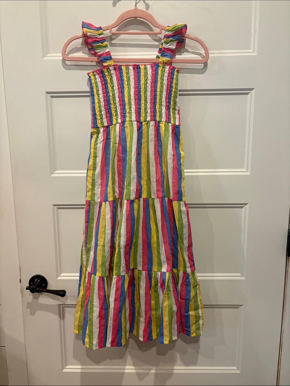 Zunie Girls' Multicolor Rainbow Stripe Ruffled Strap Dress